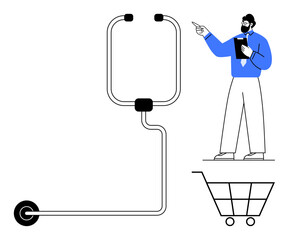 Businessman presenting product design with a shopping cart diagram and notes. Ideal for e-commerce, retail innovation, business strategy, product development, market analysis, creative brainstorming