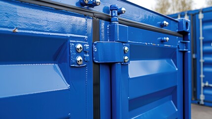Close-up of blue shipping container door with metal hinges and bolts. Industrial logistics equipment designed for secure transportation of cargo in global supply chain operations.