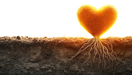 A luminous heart with roots growing from its core, connecting to the soil below, symbolizing emotional development and nurturing, isolated on white, sharp focus, bright contrast