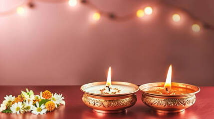 Diya candle with Decorative Flowers and Soft Bokeh Background for Festive Celebrations