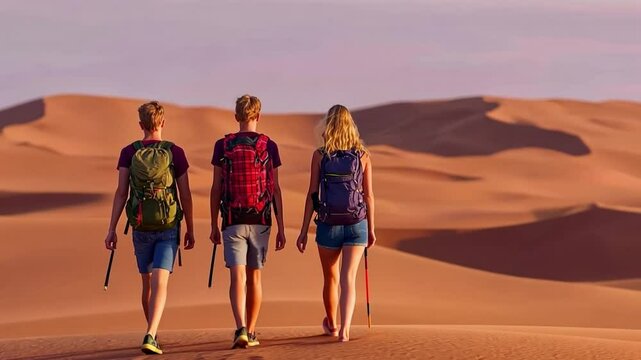 Desert Trek: Three adventurers embark on an unforgettable desert trek, their silhouettes etched against the dunes during sunset. The golden hues and dramatic landscape convey a sense of adventure.