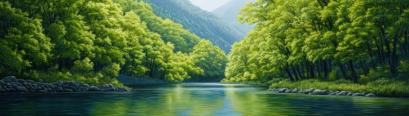 Naklejka premium A serene river flows through lush green forests, embodying nature's tranquil beauty.