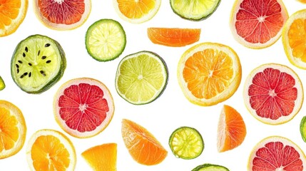 A collection of colorful sliced citrus fruits on white background