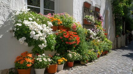 Fototapeta premium Vibrant Flower Display on a Sunlit Cobblestone Street