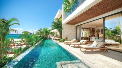 Fototapeta premium Beachside luxury villa with pool, ocean view