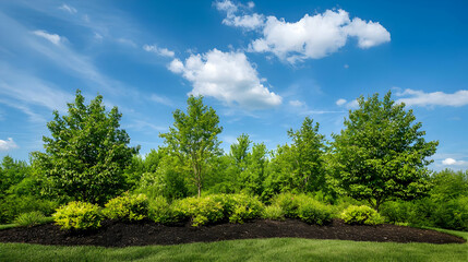 Row Of Trees And Bushes In Sunny Landscape