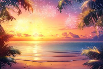 A tropical background template, featuring beaches, palm trees, and fireworks with a text overlay for celebration messages.