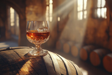 Glass of whisky on barrel in dimly lit room, highlighting amber colors against rustic backdrop.