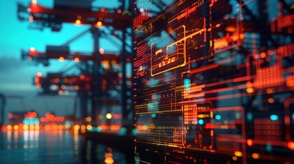 Obraz premium Digital logistics dashboard displaying real-time shipment tracking at an automated container terminal. Modern technology optimizing freight operations and global supply chain efficiency...