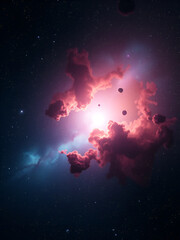 Realistic nebula surrounded by stars and cosmic dust in a deep space background