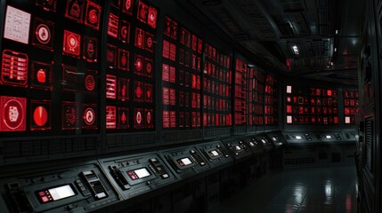 Dark spaceship control room filled with red-lit futuristic panels and data interfaces. Advanced navigation system managing interstellar logistics operations across deep-space trade routes.