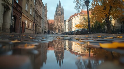Fototapeta premium Autumn Reflection of Church in European City Street