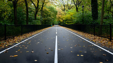 Obraz premium Asphalt Road Leading Into Forest With Autumn Leaves On Surface Under Day Light