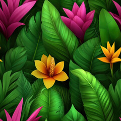 Fototapeta premium Tropical leaves and vibrant flowers in seamless lush pattern design