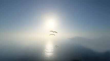 Fototapeta premium Three seagulls flying over misty ocean at sunrise; tranquil coastal scene, ideal for travel brochures