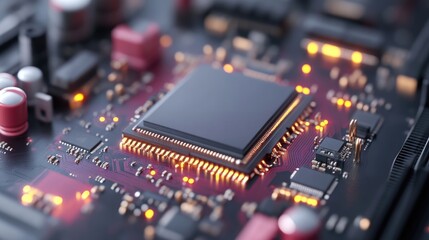 Fototapeta premium Advanced microchip on circuit board. Detailed close-up view of a central processing unit (CPU) positioned on a complex printed circuit board (PCB) with illuminated components