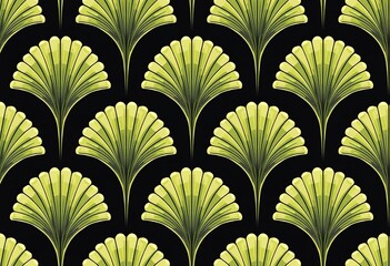 Transform your designs with this luxurious Art Deco fabric pattern, featuring a black background with symmetrical fan-shaped motifs in vibrant lime green and classic beige tones. 