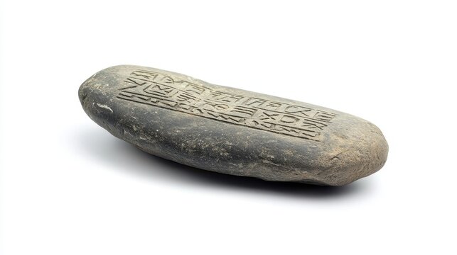 A smooth stone shows ancient inscriptions carved into its surface - Powered by Adobe