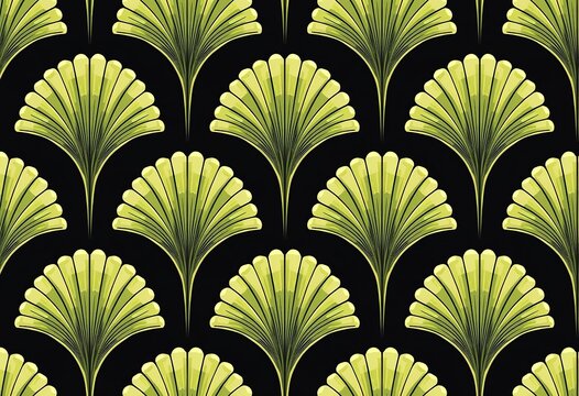 Fototapeta Transform your designs with this luxurious Art Deco fabric pattern, featuring a black background with symmetrical fan-shaped motifs in vibrant lime green and classic beige tones. 