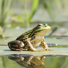 Obraz premium Green frog on lily pad, marsh background, reflection in water, nature wildlife image
