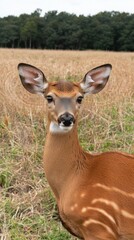 Fototapeta premium Brown deer stands in field, trees in the background on an overcast day
