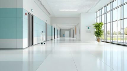 Fototapeta premium Empty Hospital Corridor With Bright Lighting