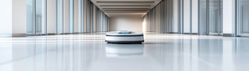 A sleek robotic vacuum cleaner operating in a modern, spacious environment.