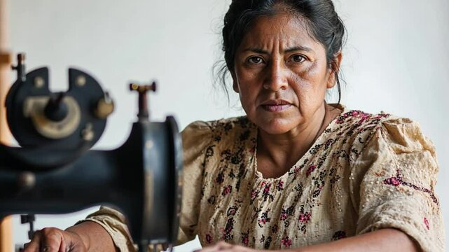 Focused Seamstress and Sewing Machine: A portrait of a woman intensely concentrating at an antique sewing machine, her weathered face a testament to years of dedication and craftsmanship.