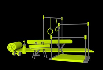 3D render illustration of sports gymnastics equipment pommel horse, parallel bars, beam bright green colors on a black background