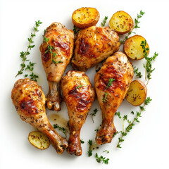Oven roasted chicken drumsticks with potatoes and herbs served on white plate