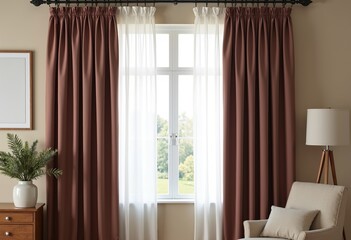 Fototapeta premium Create a stylish and inviting space with this interior design showcasing brown pencil-like curtains, beige linen café-style drapes, and blackberry-colored modern window curtains against a white backdr