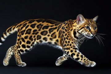 Obraz premium Asian leopard cat mid-stride, striking golden coat with dark spots, hyper-detailed whiskers, isolated.