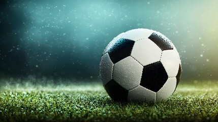 Fototapeta premium A soccer ball resting on a lush green field during intense soccer league playoffs under bright daylight