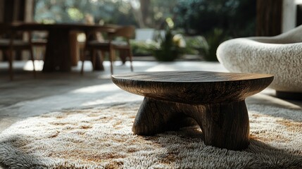 Carved wood table on textured rug, blurred dining set & foliage background