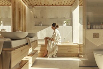 High Quality Image of Woman in White and Wooden Bathroom Interior