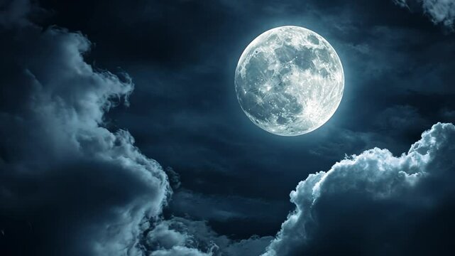 Luminous Night: A captivating nightscape unfolds, as a fully illuminated, breathtaking moon dominates the frame, surrounded by dark, ethereal clouds, a testament to nature's majestic beauty.