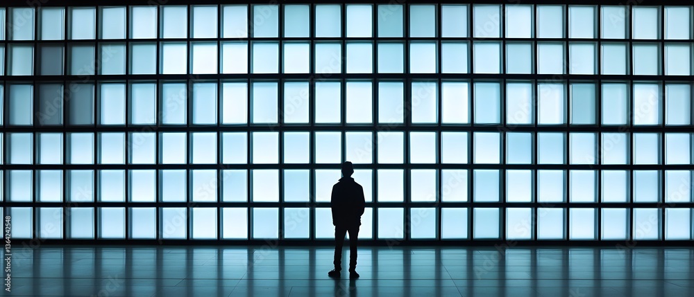 Poster a person standing in front of a large grid of a striking visual contrast between the human scale and