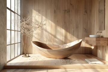 High Definition Visual of Wooden Bathroom Interior, Tub, Poster