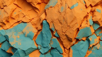 Orange teal modern background for design. Toned rock formation texture. Rocky cliff. Rough mountain surface. Close-up. Blue green stone granite. 3d. Wallpaper. Grunge.