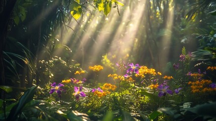 Sunbeams illuminate vibrant purple and yellow flowers in a lush, misty rainforest.