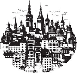 Obraz premium City landscape. Line urban backdrop. Skyline with clouds, different buildings on street, doodle street draw, outline cityscape hand sketch, flat houses. Hand drawn vector illustration