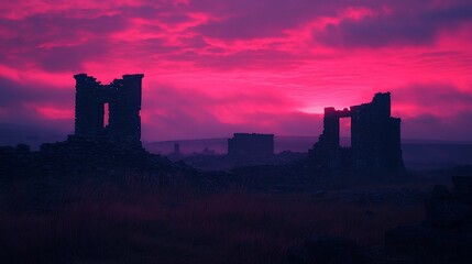Fototapeta premium Pink sunset over ancient stone ruins in a misty field.