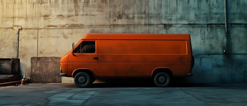 An old weathered orange cargo van is parked next to a half concrete wall bathed in dramatic cinematic lighting that creates a moody atmospheric scene