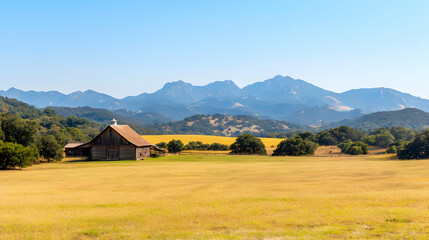 Golden Field And Abandoned Barn With Mountains In Background