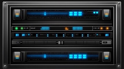 Server Rack with Blue Lights, and Data Center.