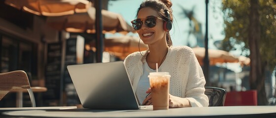 A woman sitting at an outdoor caf smiling as she works on her laptop while holding an iced coffee enjoying the sunny day in a relaxed contemporary setting