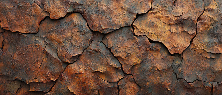 A textured surface featuring cracked, rust-colored layers, resembling aged metal or weathered stone, showcasing intricate patterns and earthy tones.
