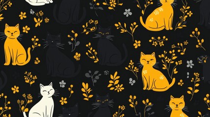 Naklejka premium Cute Cats Floral Seamless Pattern with Dark Background.