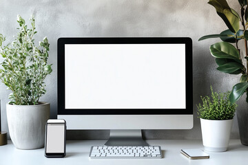 Minimalist Desk Setup, Computer, Blank Screen, Plants, Keyboard, Smartphone, White Table