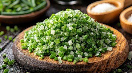 Chopped chives atop wooden board; more in bowls behind it, dark backdrop